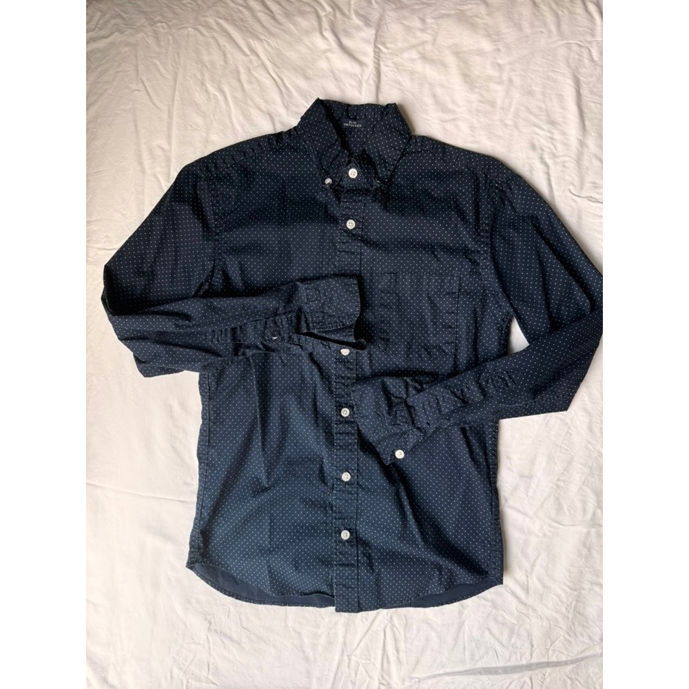 J.Crew Flex Washed Slim Untucked Shirt Navy Polka Dot XS Long Sleeve Button Down